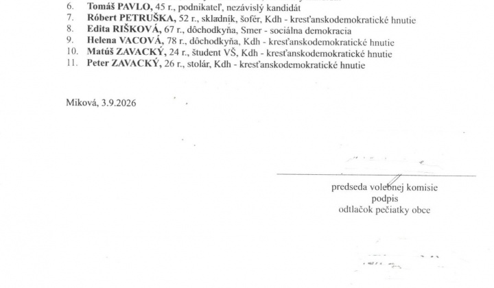 Fotka - Zoznam zaregistrovaných kandidátov pre voľby do OZ obce Miková 24.októbra 2026